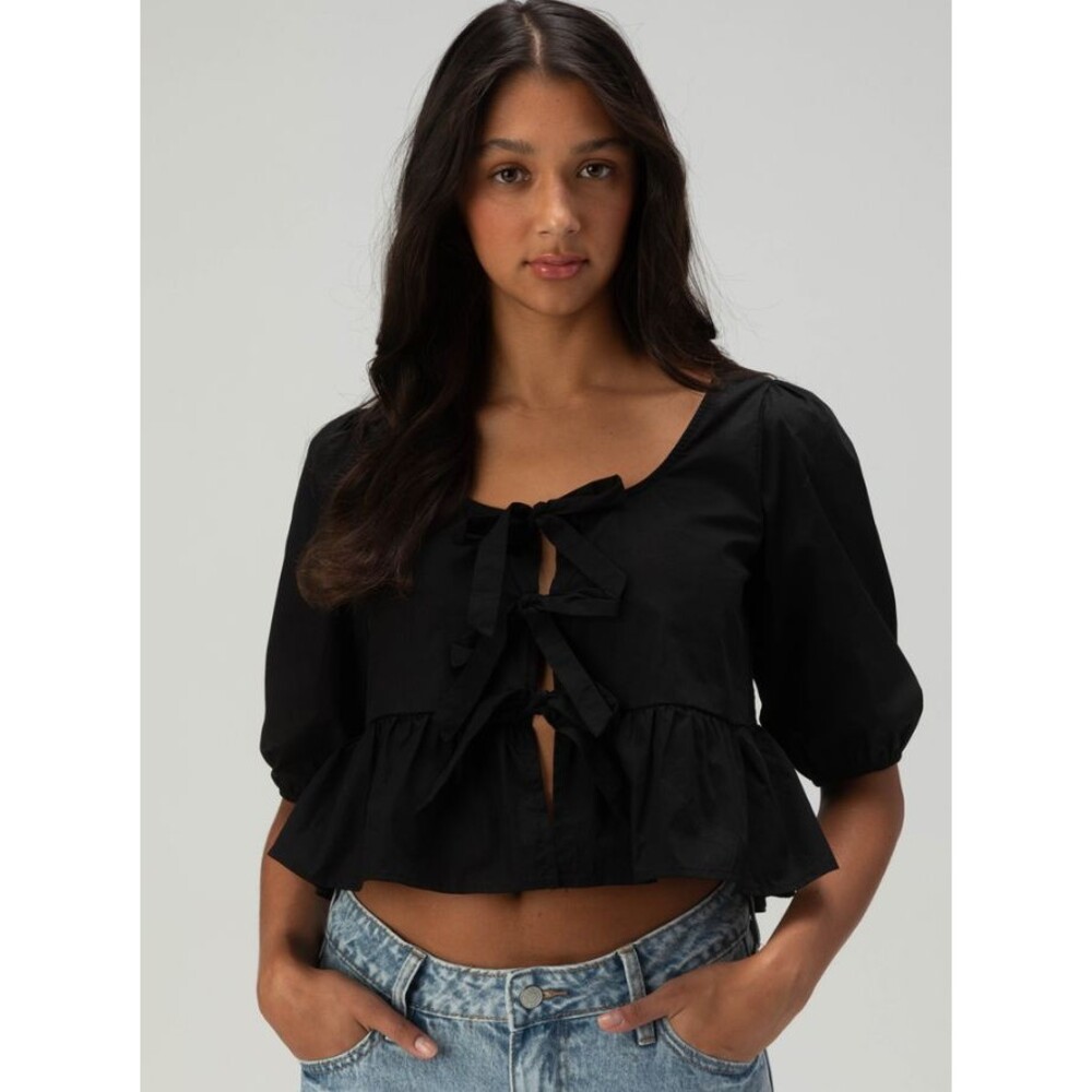 RSQ Women"s Triple Tie Scoop Neck Puff Sleeve Babydoll Black Cotton Top Medium